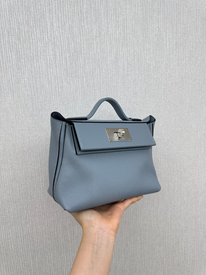 HERMES Mini 2424 亞麻藍銀扣 Evercolor Blue Lin PHW