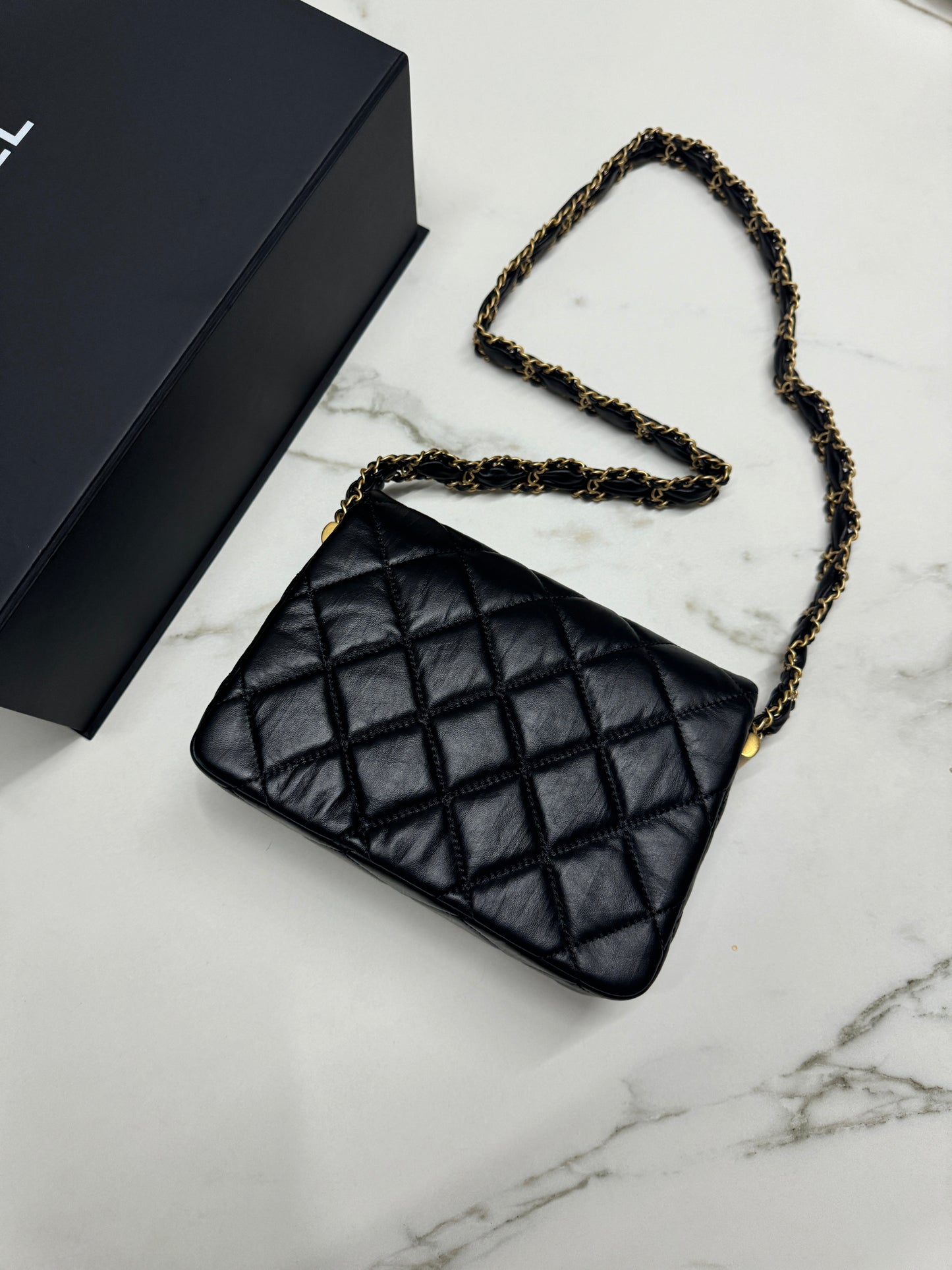 CHANEL 19系列 豆腐包 皺摺牛皮 黑色