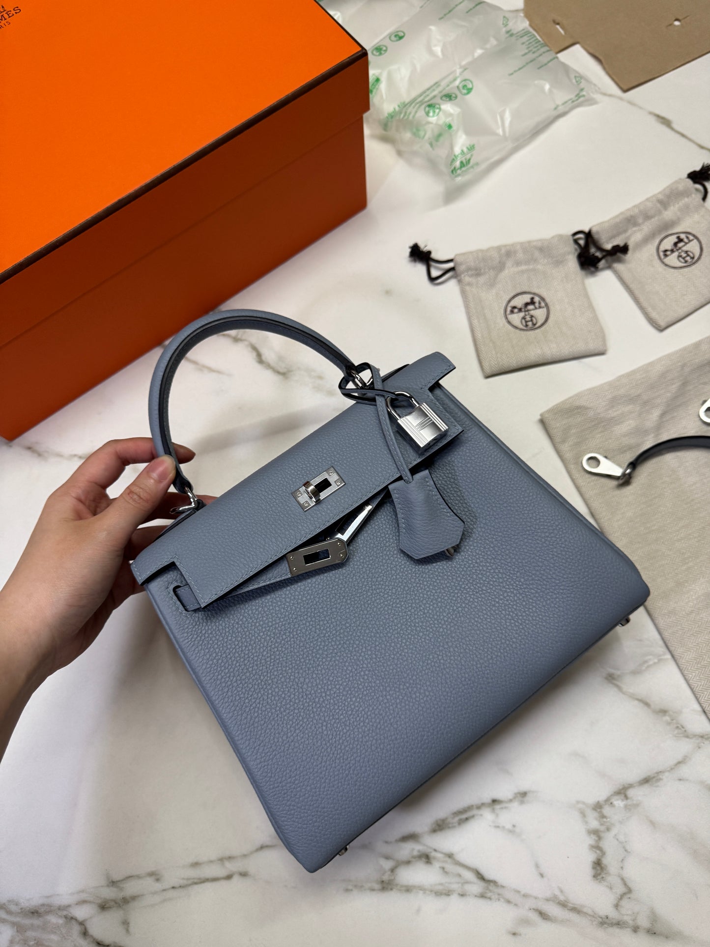 HERMES Kelly 25 亞麻藍 銀扣 內縫 Togo Selier