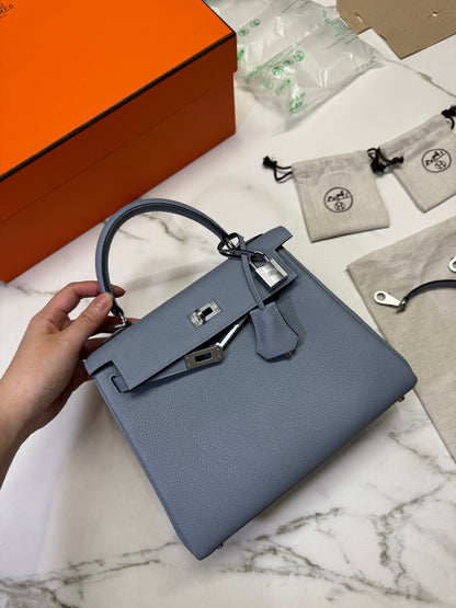 HERMES Kelly 25 亞麻藍 銀扣 內縫 Togo Selier