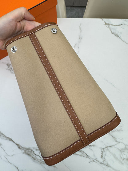 HERMES Garden Party 36 金棕拼風衣灰帆布 Negonda/ Canvas