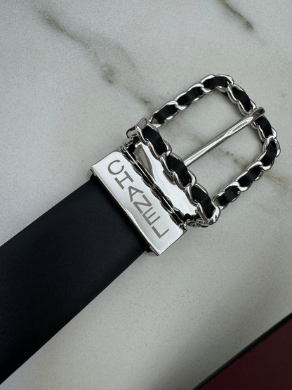 CHANEL Belt 雙面皮帶銀扣 酒紅拼黑
