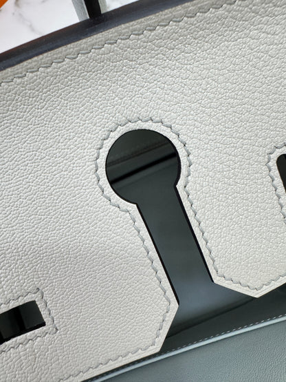 HERMES Birkin 30 SO 珍珠灰拼奶昔白山羊皮 拉絲銀扣 Chevre Mysore Gris Pearl x Craie