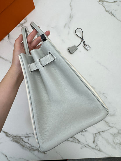 HERMES Birkin 30 SO 珍珠灰拼奶昔白山羊皮 拉絲銀扣 Chevre Mysore Gris Pearl x Craie