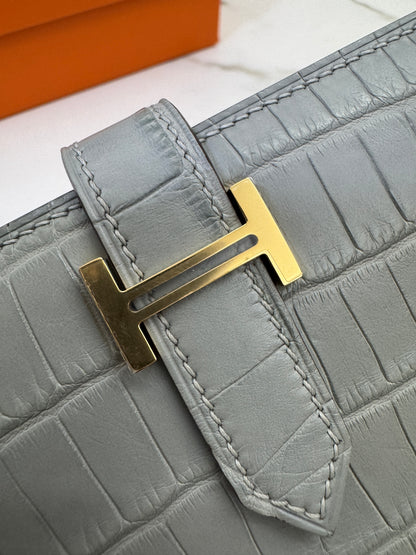 HERMES Bearn Compact Wallet 鱷魚皮珍珠灰金扣 Gris Perle Crocodile GHW
