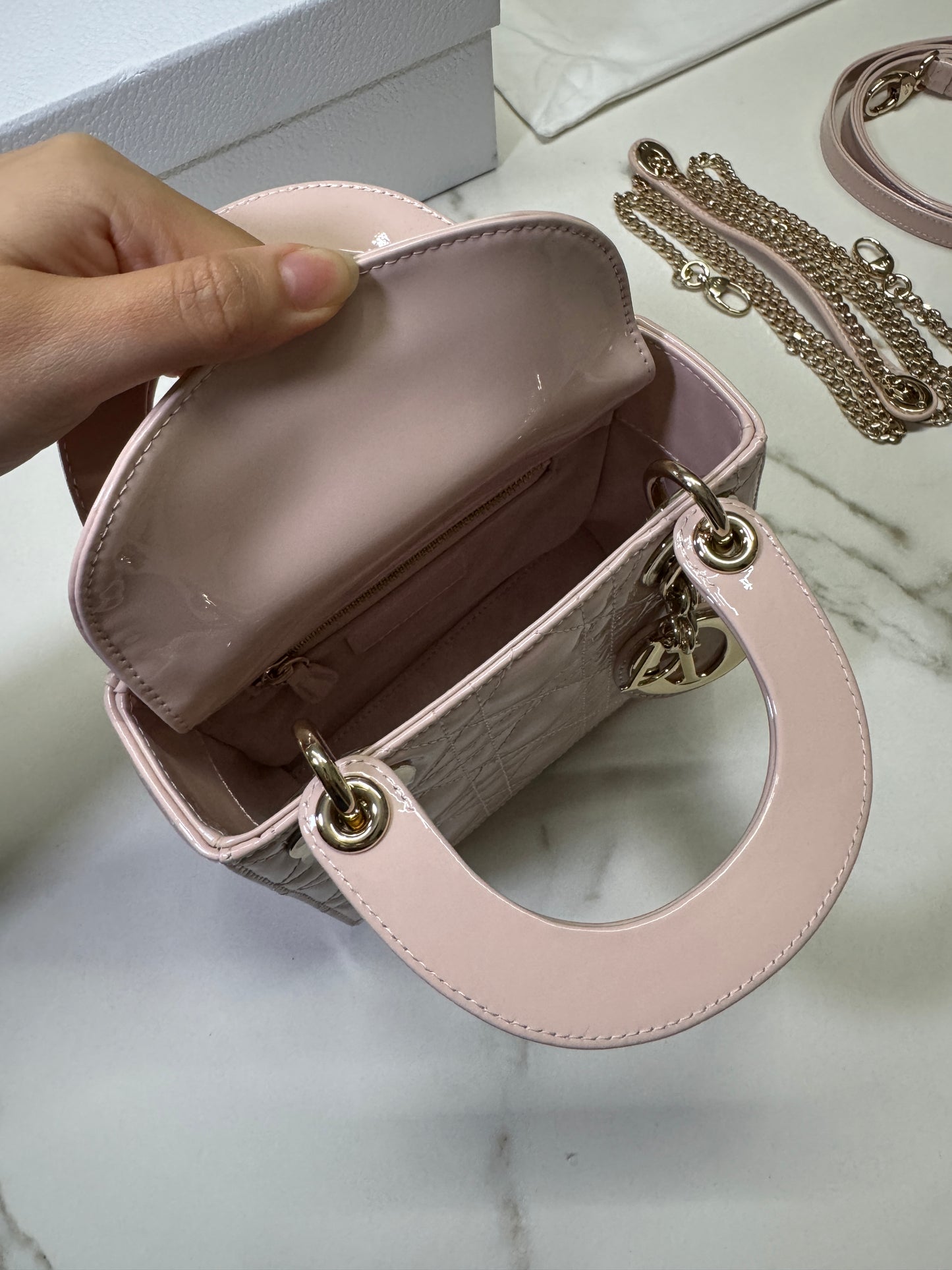 DIOR Lady Mini 三格 漆皮 淡粉 light Pink