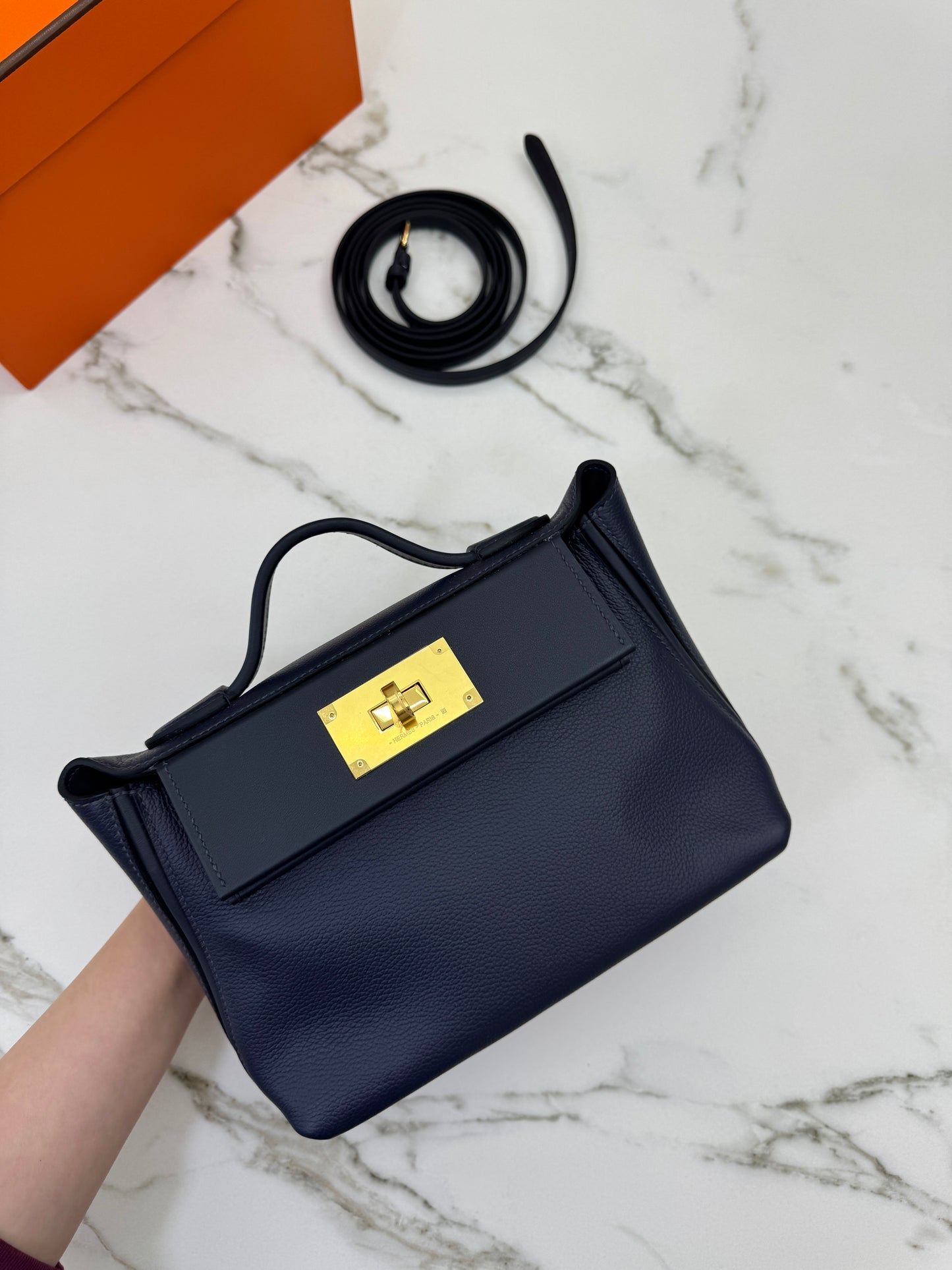 HERMES Mini 2424 午夜藍金扣 Evercolor 2Z Bleu Nuit GHW