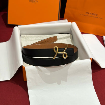 HERMES Cursives 雙面皮帶 黑/金棕色 24mm 金扣/銀扣