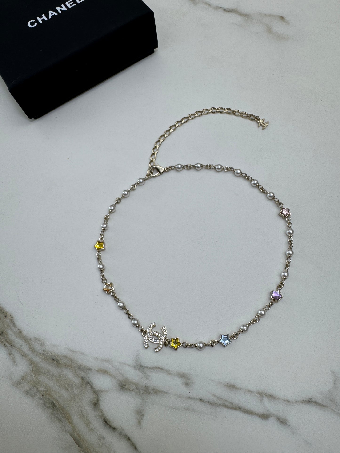 CHANEL 25P 星星水晶拼珍珠項鏈