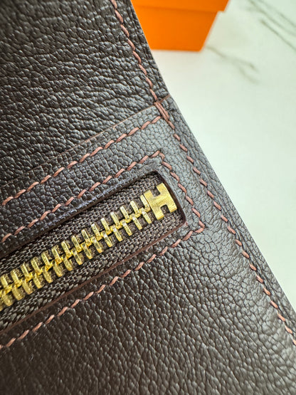 HERMES Bearn Wallet 亮面灣鱷 巧克力色 金扣 Porosus Crocodile Chocolate GHW