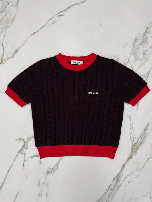 MIU MIU 深棕色拼紅色邊 短袖毛衣