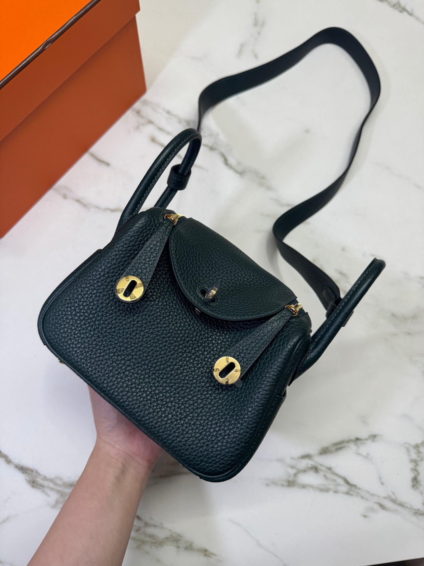 HERMES Mini Lindy II 深綠色 金扣 67 Vert Fonce TC GHW