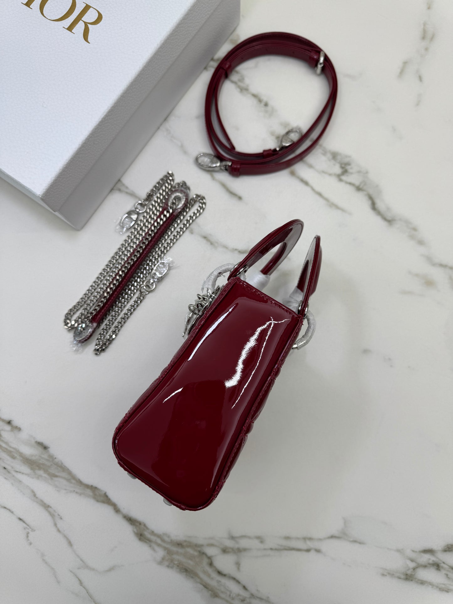 DIOR Mini Lady Dior 漆皮Cherry Red Shinny Calfskin