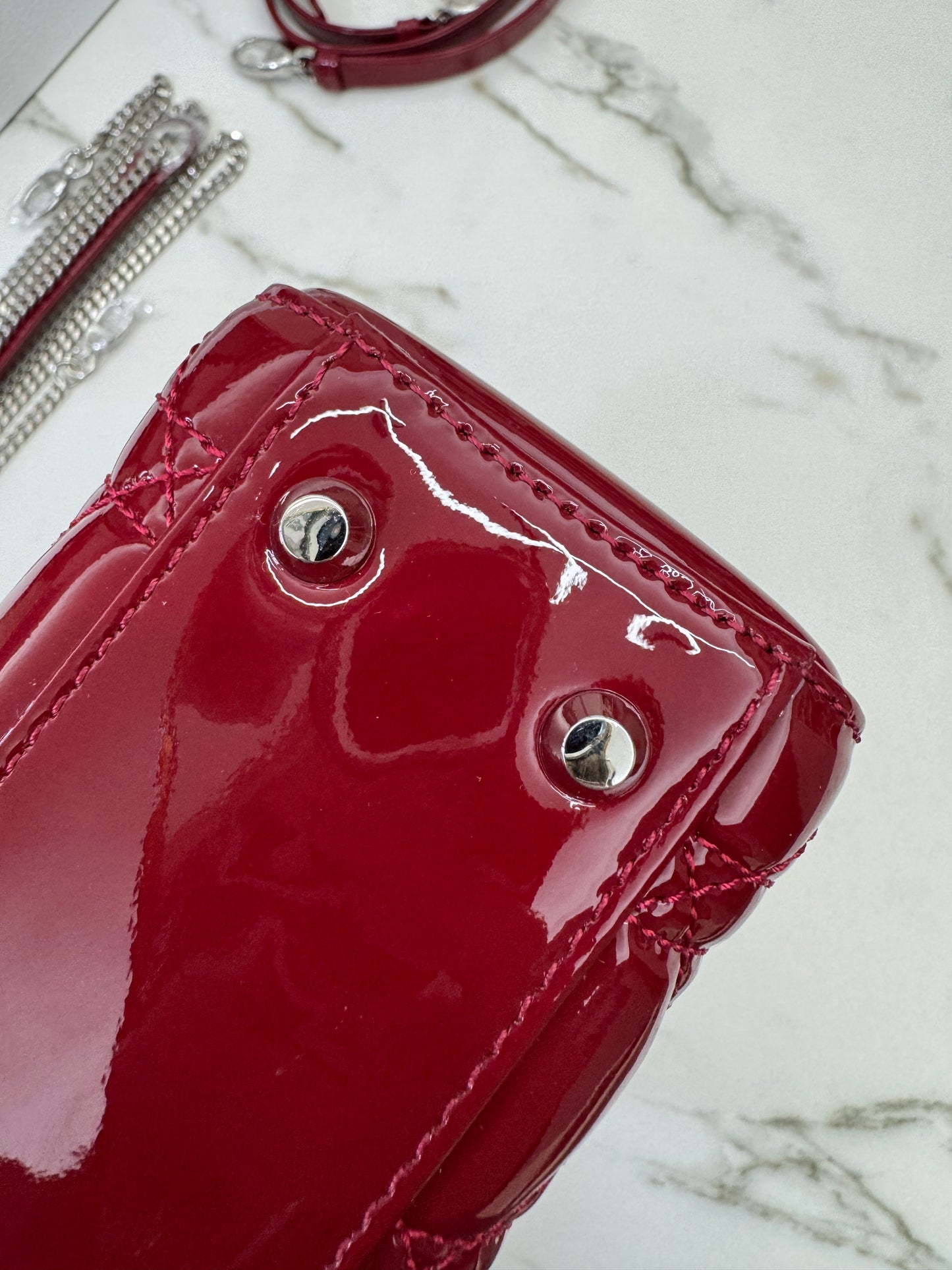 DIOR Mini Lady Dior 漆皮Cherry Red Shinny Calfskin