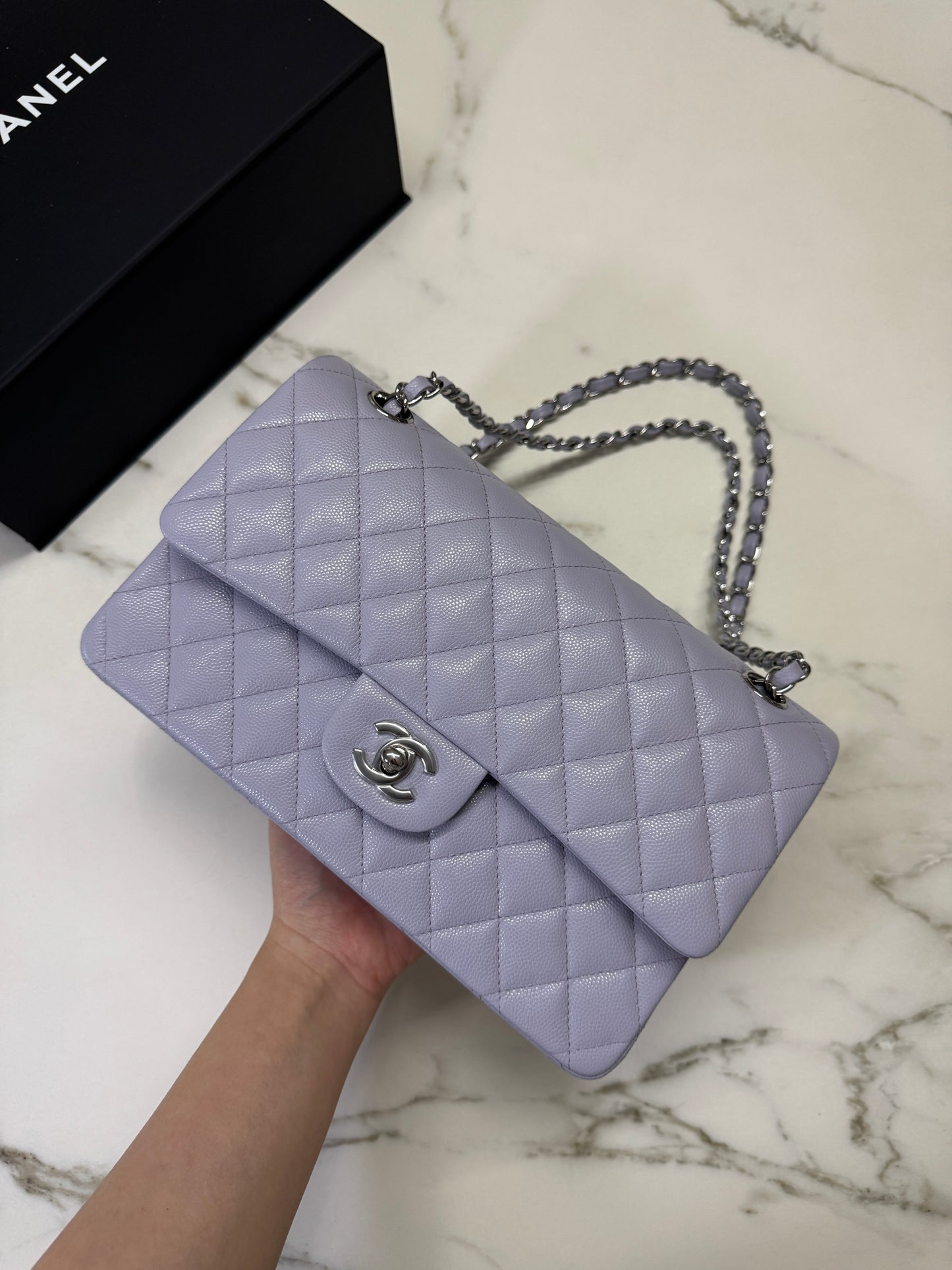 CHANEL CF25 Medium 21K香芋紫銀扣 牛皮 caviar