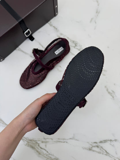 ALAIA 水晶漁網鞋 酒紅色
