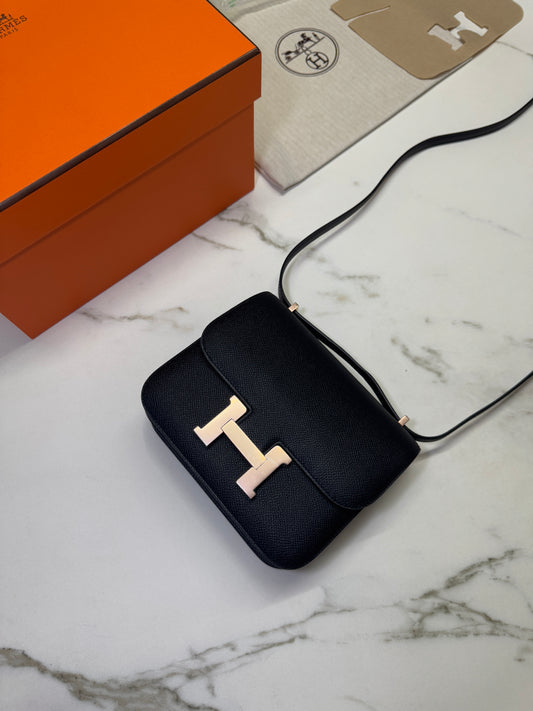 HERMES Mini Constance 黑色 玫瑰金扣 Epsom