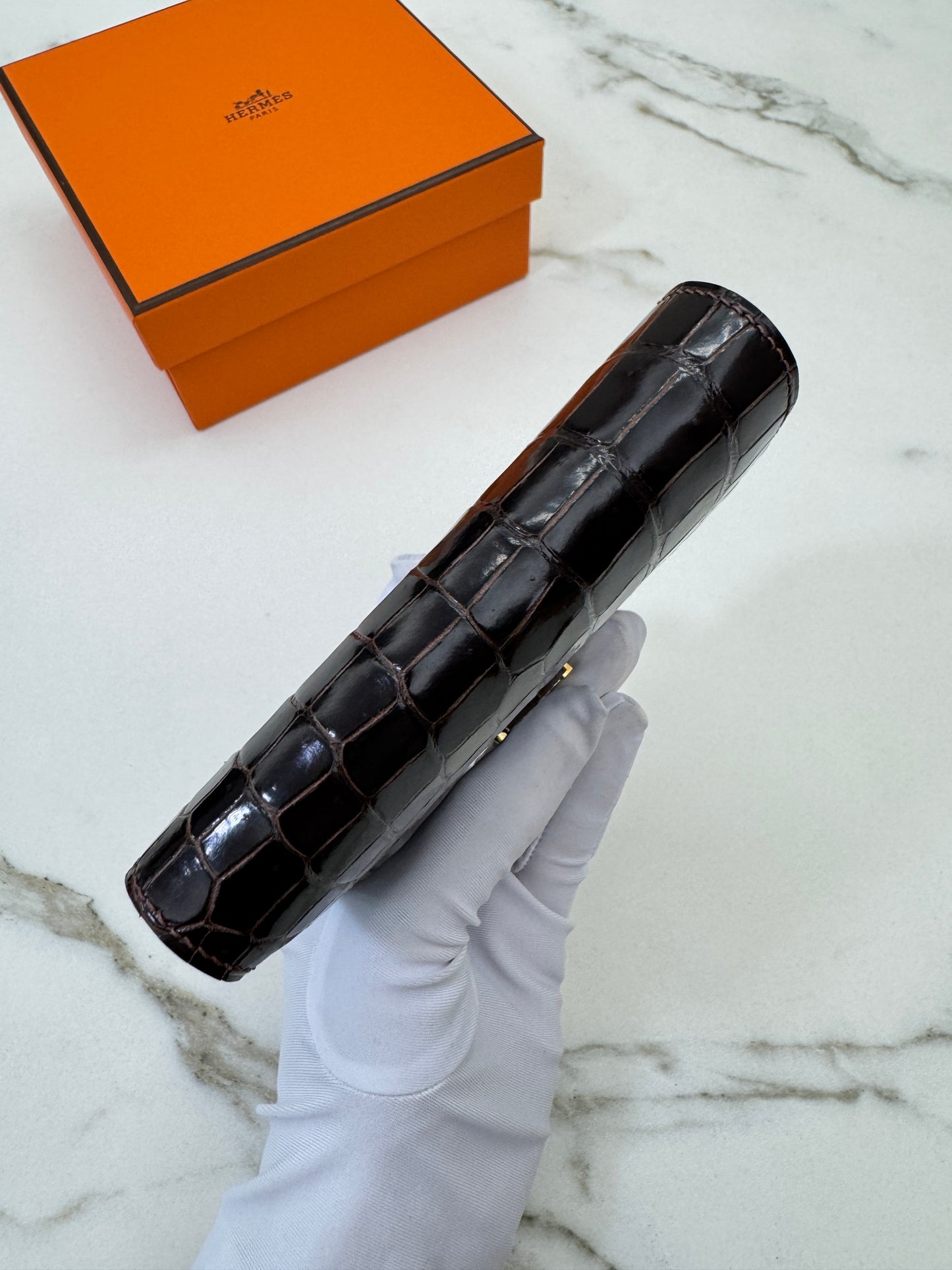 HERMES Bearn Wallet 亮面灣鱷 巧克力色 金扣 Porosus Crocodile Chocolate GHW