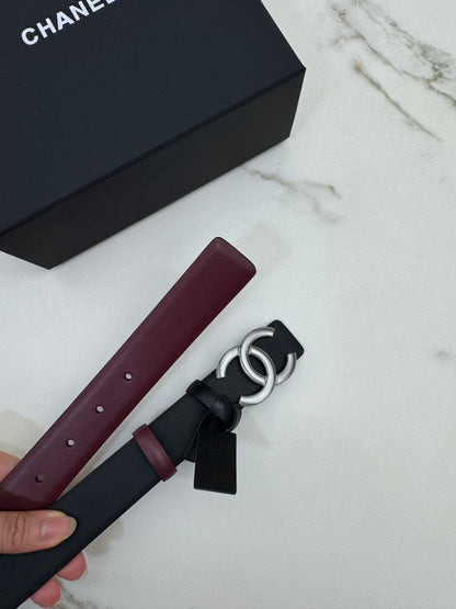 CHANEL 雙面皮帶 黑拼酒紅 銀扣