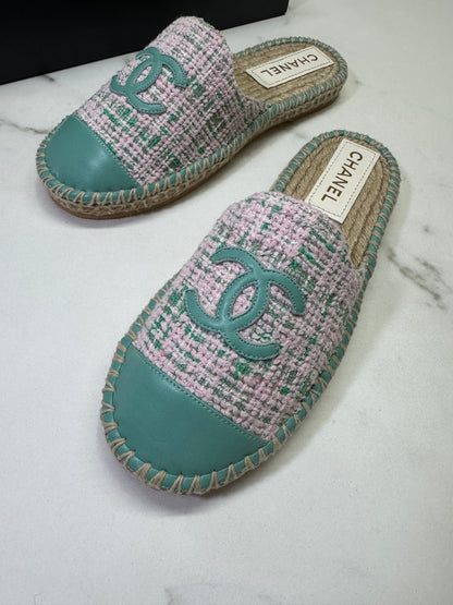 CHANEL 漁夫半拖 軟呢粉紅色拼綠色