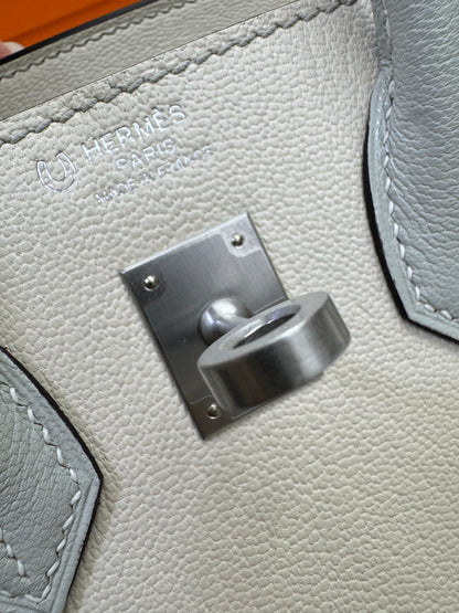 HERMES Birkin 25 SO 奶昔白拼珍珠灰 山羊皮 拉絲銀扣