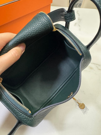 HERMES Mini Lindy II 深綠色 金扣 67 Vert Fonce TC GHW