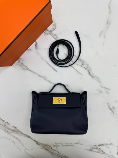 HERMES Mini 2424 午夜藍金扣 Evercolor 2Z Bleu Nuit GHW