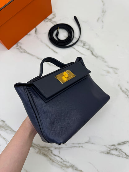 HERMES Mini 2424 午夜藍金扣 Evercolor 2Z Bleu Nuit GHW