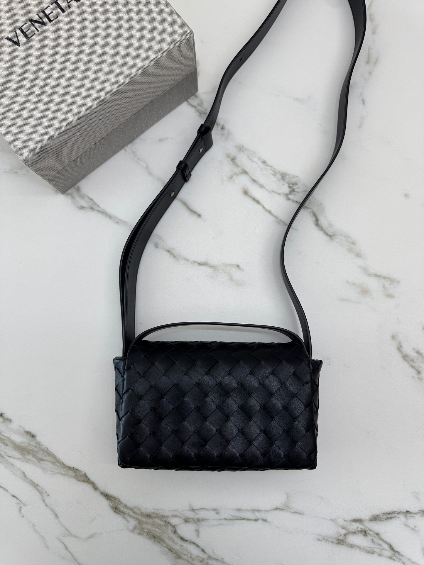 BV Intrecciato Mini Bag with Flap Black