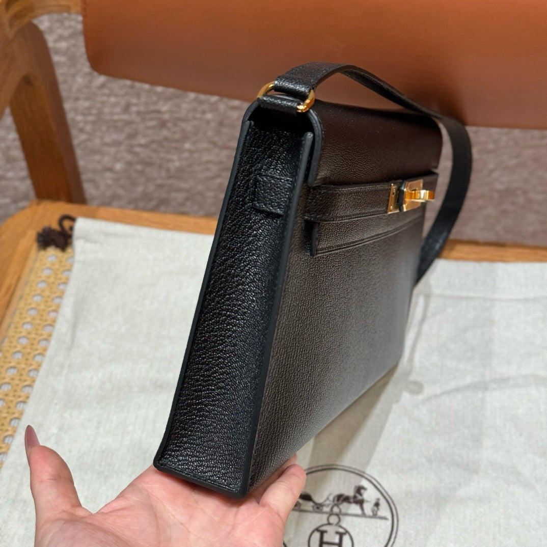 HERMES Kelly Elan 山羊皮 黑色 金扣 Noir GHW