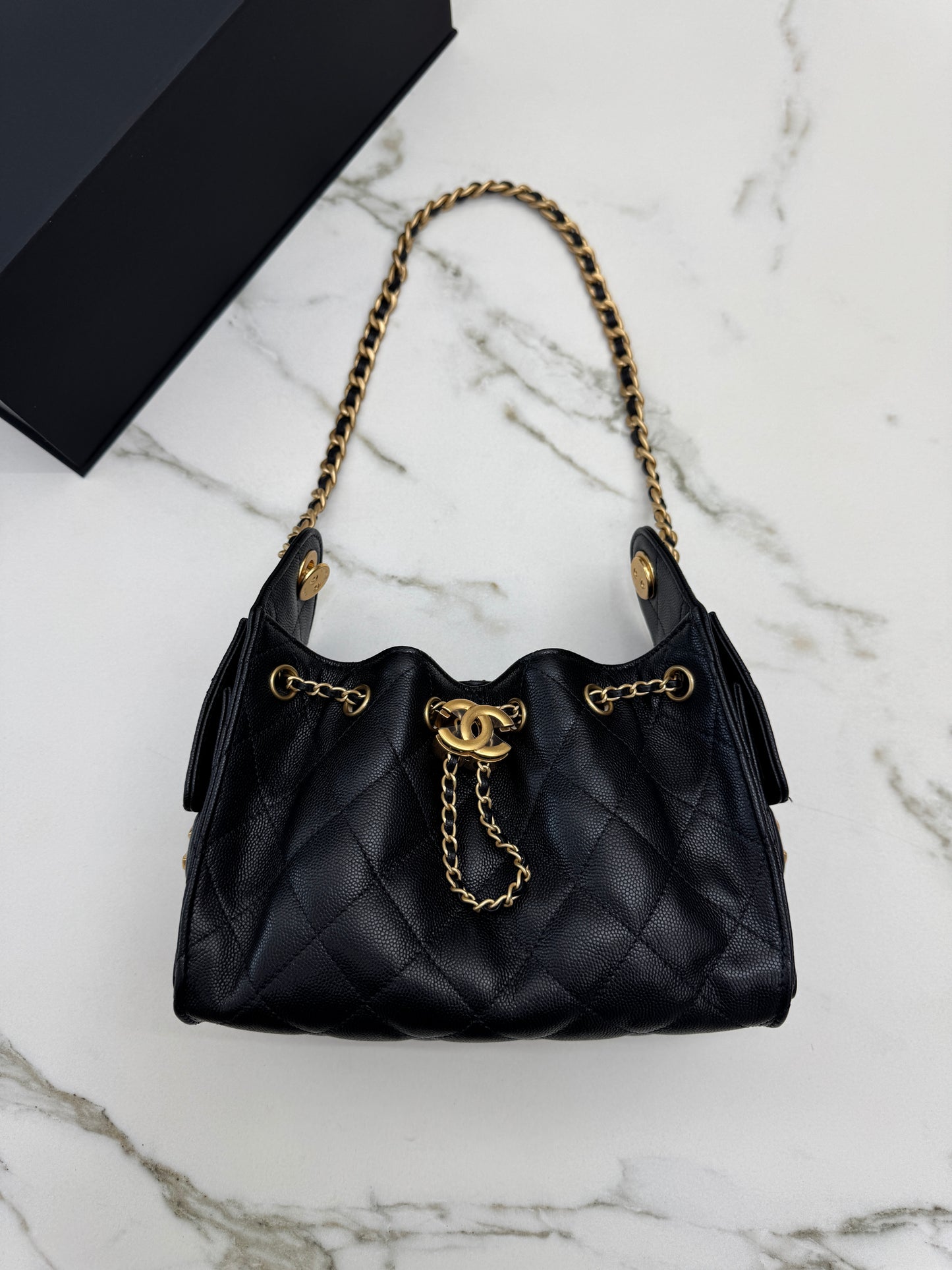CHANEL Mini 25 Bag 黑色荔枝皮 金扣 Caviar Calfskin GHW