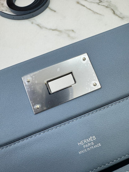 HERMES Mini 2424 亞麻藍銀扣 Evercolor Blue Lin PHW