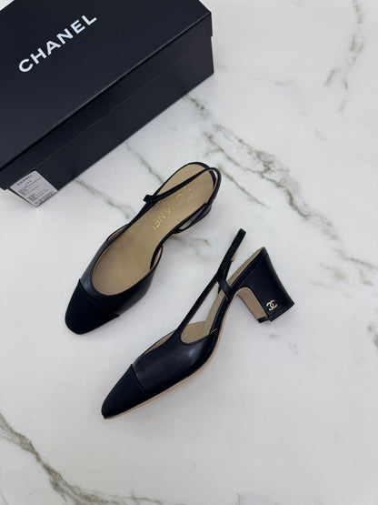 CHANEL Slingback 黑色羊皮