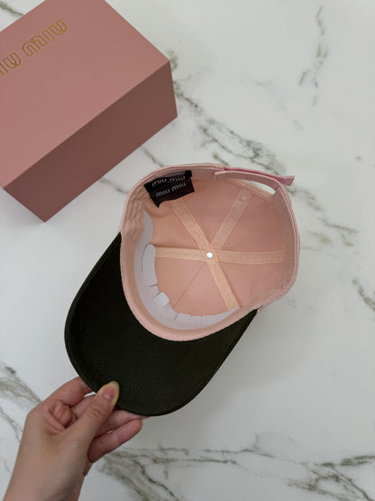 MIU MIU 粉紅拼卡其綠棒球帽