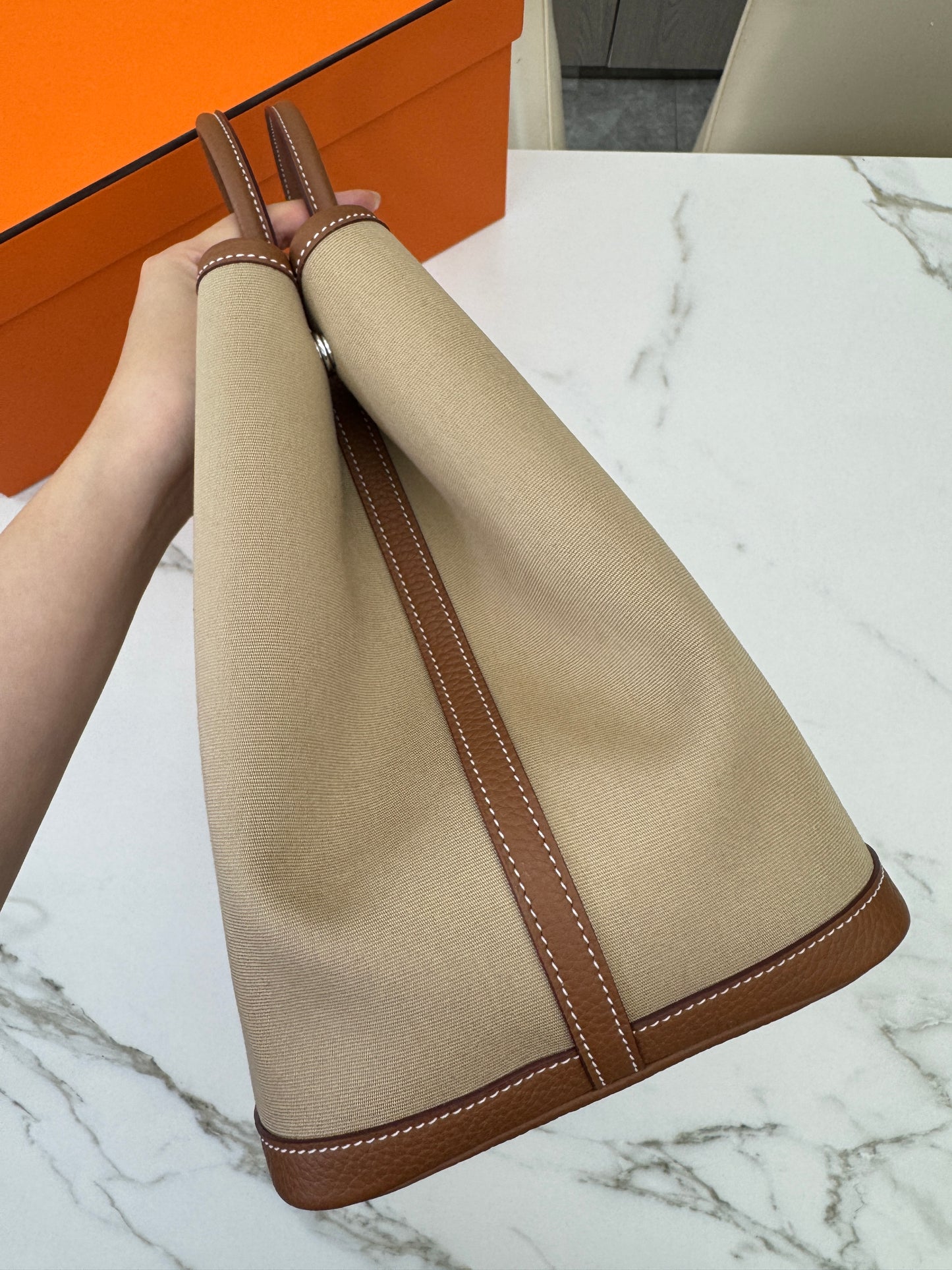 HERMES Garden Party 36 金棕拼風衣灰帆布 Negonda/ Canvas
