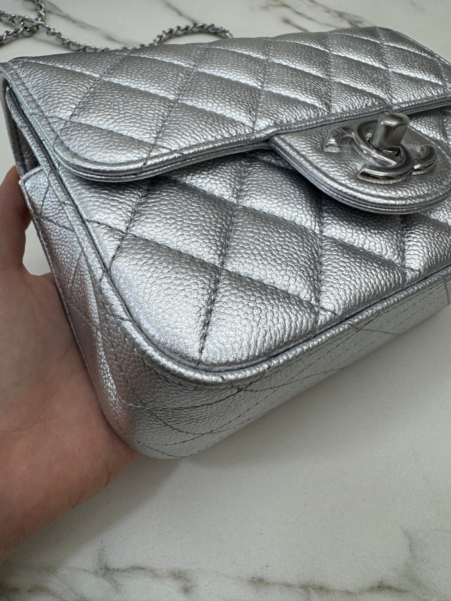 CHANEL 25B調節扣 銀色方胖子 Mini CF Square Caviar Calfskin