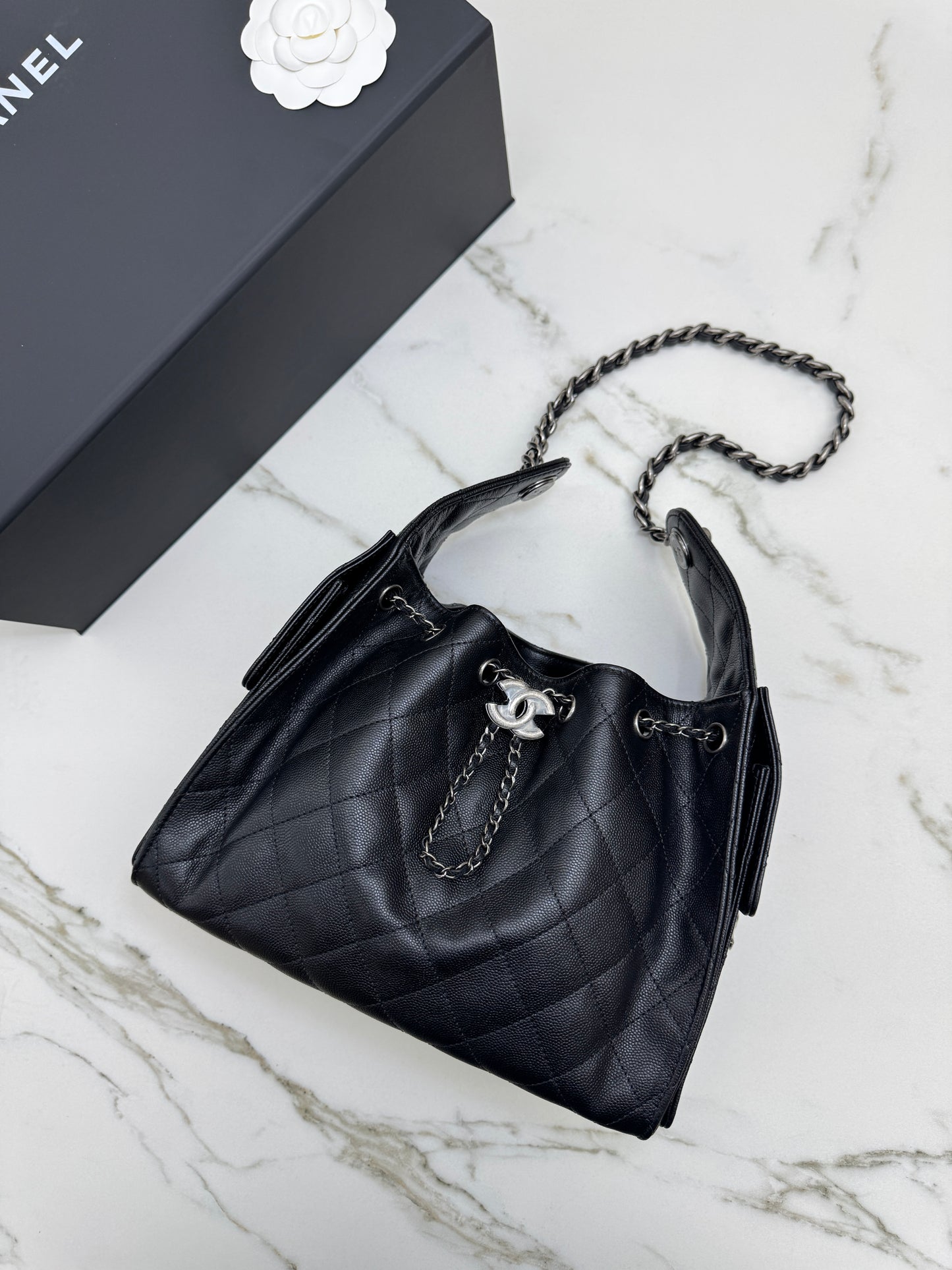 CHANEL 25Bag Small 黑銀小號 荔枝牛皮 Caviar Calfskin