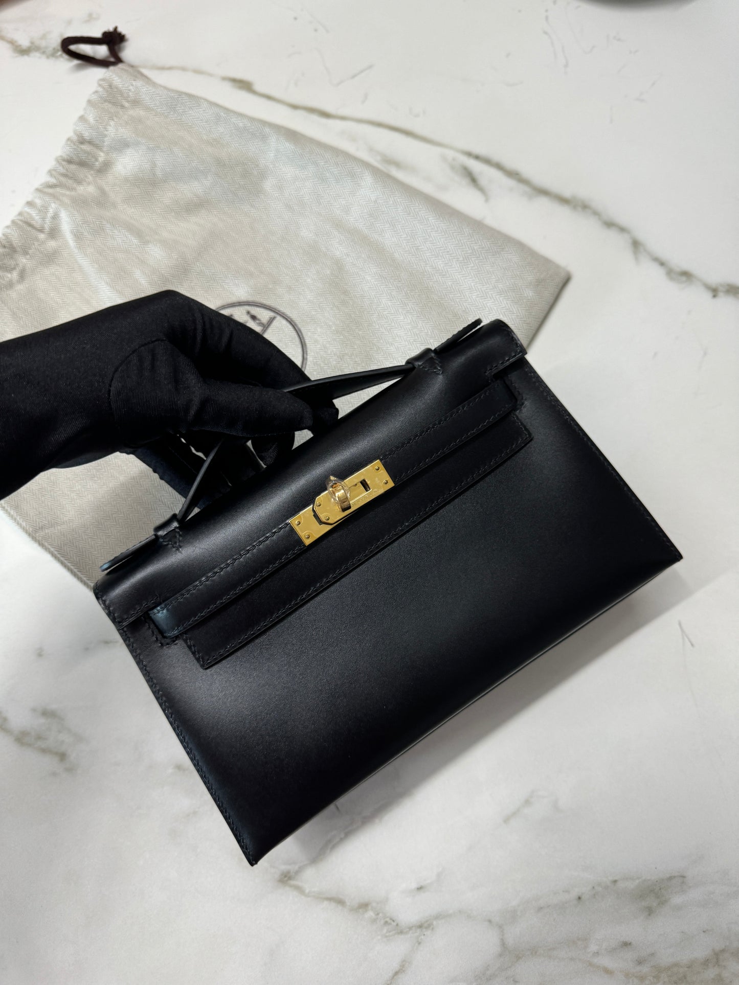 HERMES Mini Kelly I 黑金 Box皮 Kelly Pochette