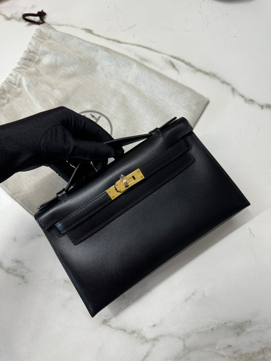 HERMES Mini Kelly I 黑金 Box皮 Kelly Pochette