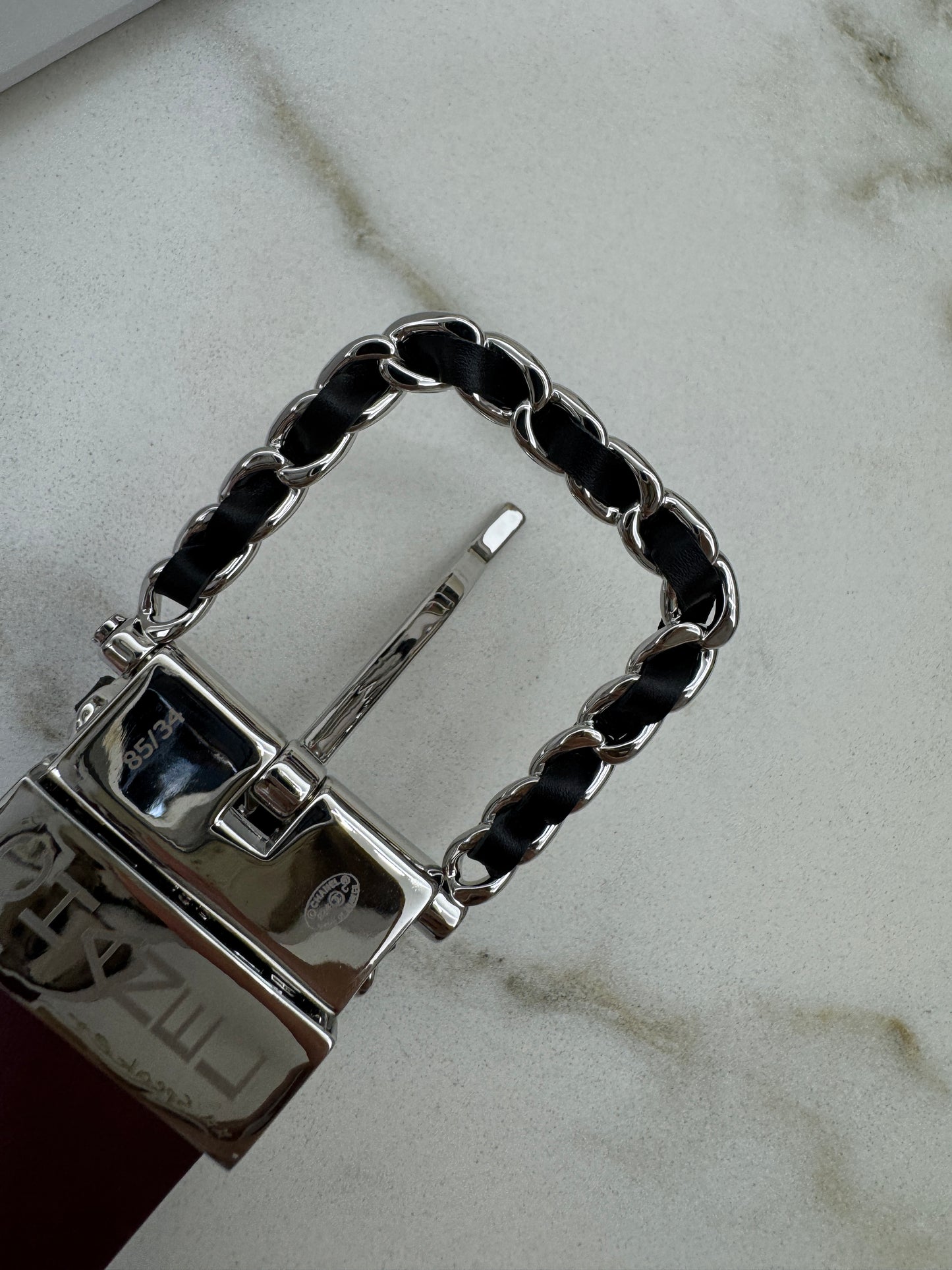 CHANEL Belt 雙面皮帶銀扣 酒紅拼黑