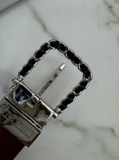 CHANEL Belt 雙面皮帶銀扣 酒紅拼黑