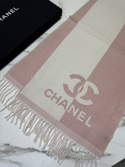 CHANEL 24A粉白拼色圍巾 100% 綿羊毛 184x34cm