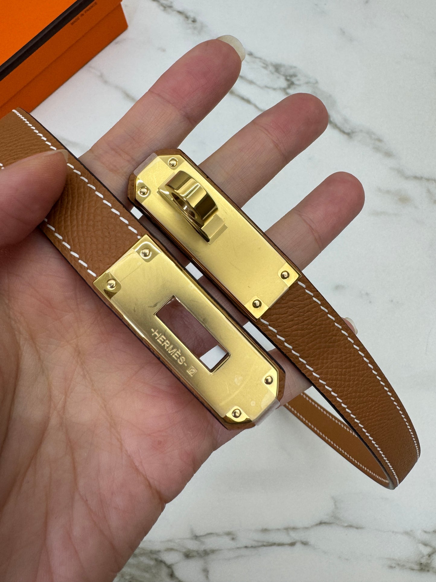 HERMES Kelly 皮帶 金棕金扣 【手縫版】