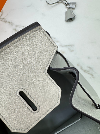 HERMES Birkin 30 SO 珍珠灰拼奶昔白山羊皮 拉絲銀扣 Chevre Mysore Gris Pearl x Craie
