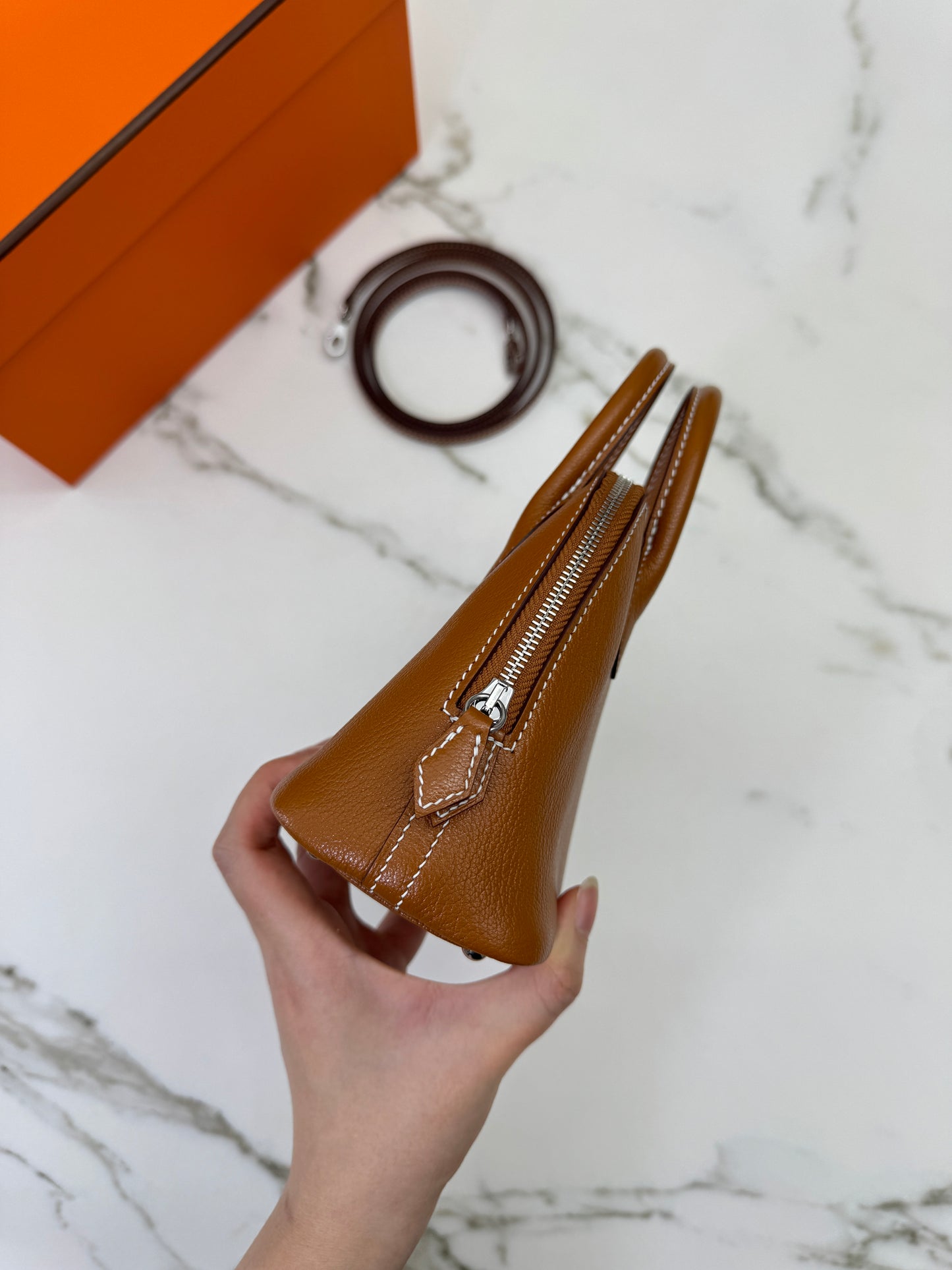 HERMES Mini Bolide 金棕色山羊皮 銀扣 Cherve Gold PHW