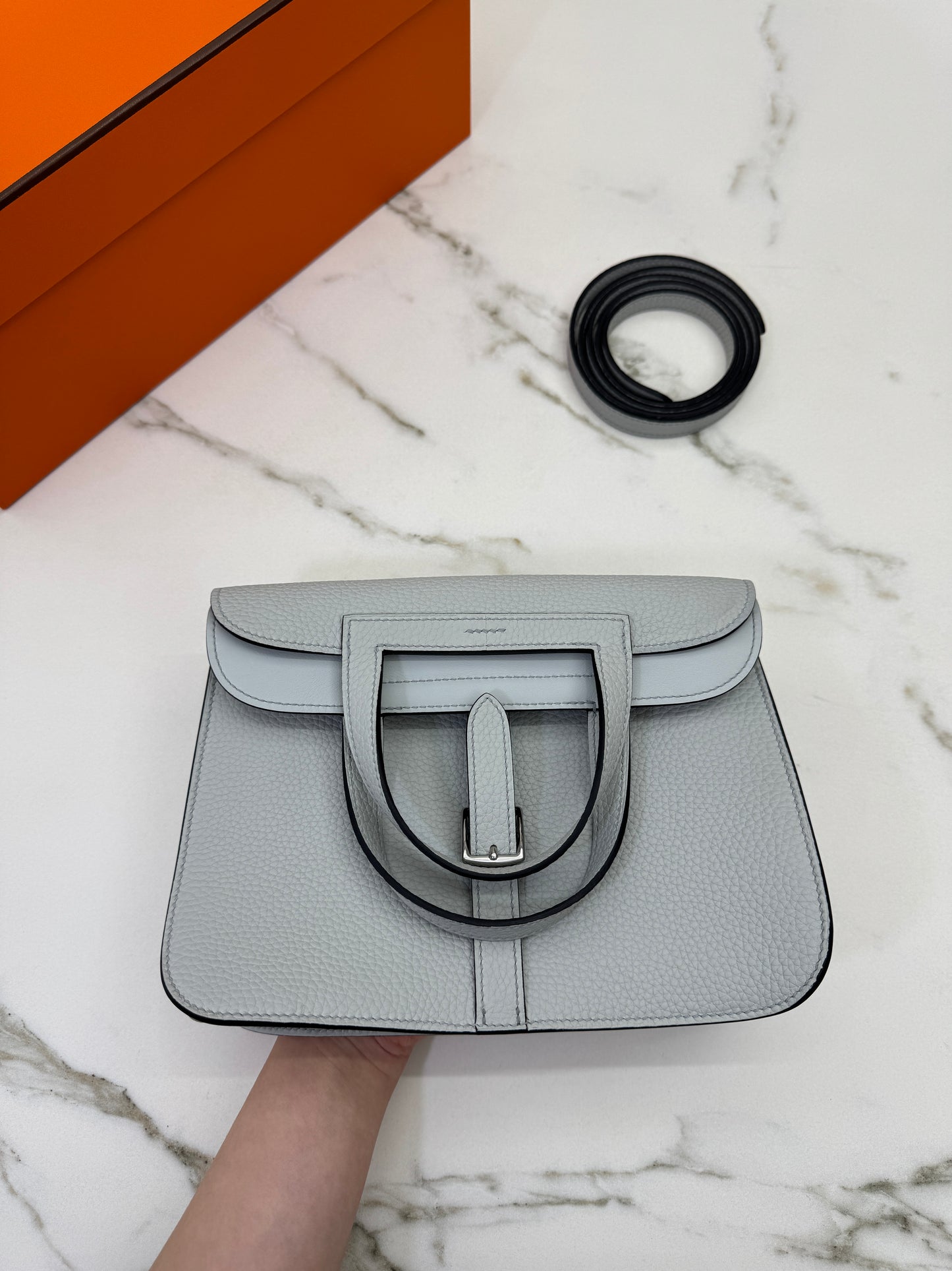 HERMES Halzan 25 聖杯藍銀扣 Bleu Pale