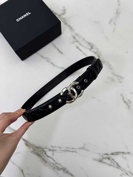 CHANEL 菱格紋 銀扣皮帶