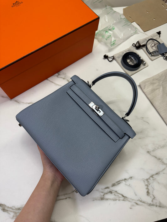 HERMES Kelly 25 亞麻藍 銀扣 內縫 Togo Selier