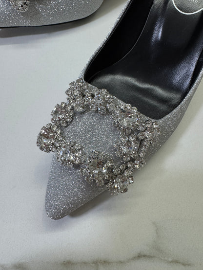 RV 銀色細閃 鑽扣高跟鞋 6cm