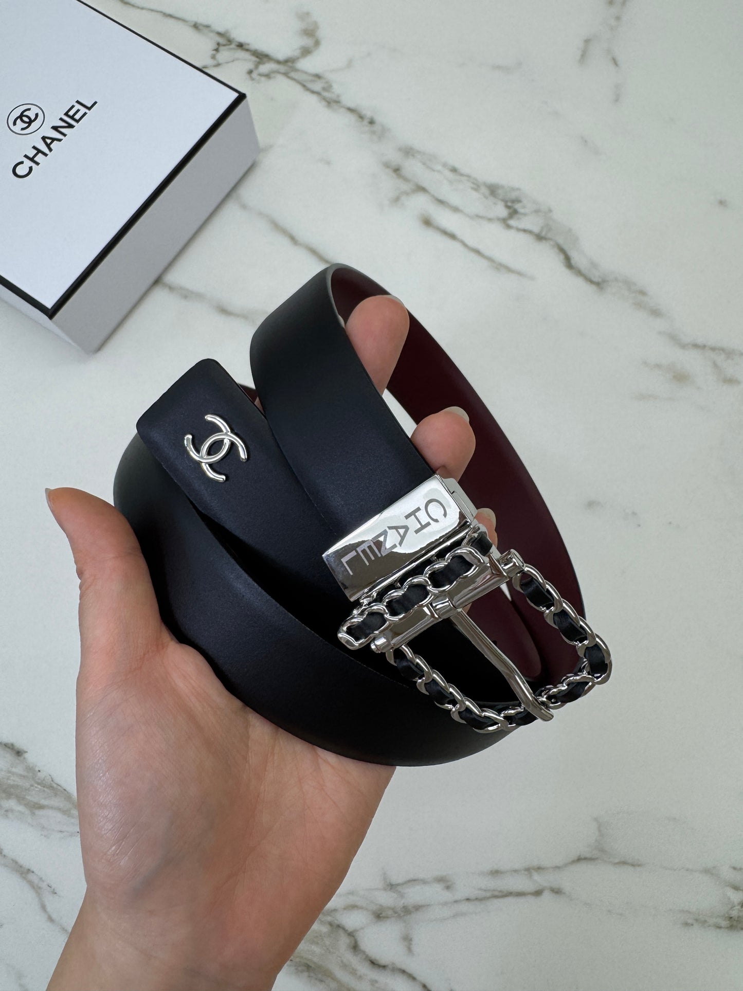 CHANEL Belt 雙面皮帶銀扣 酒紅拼黑